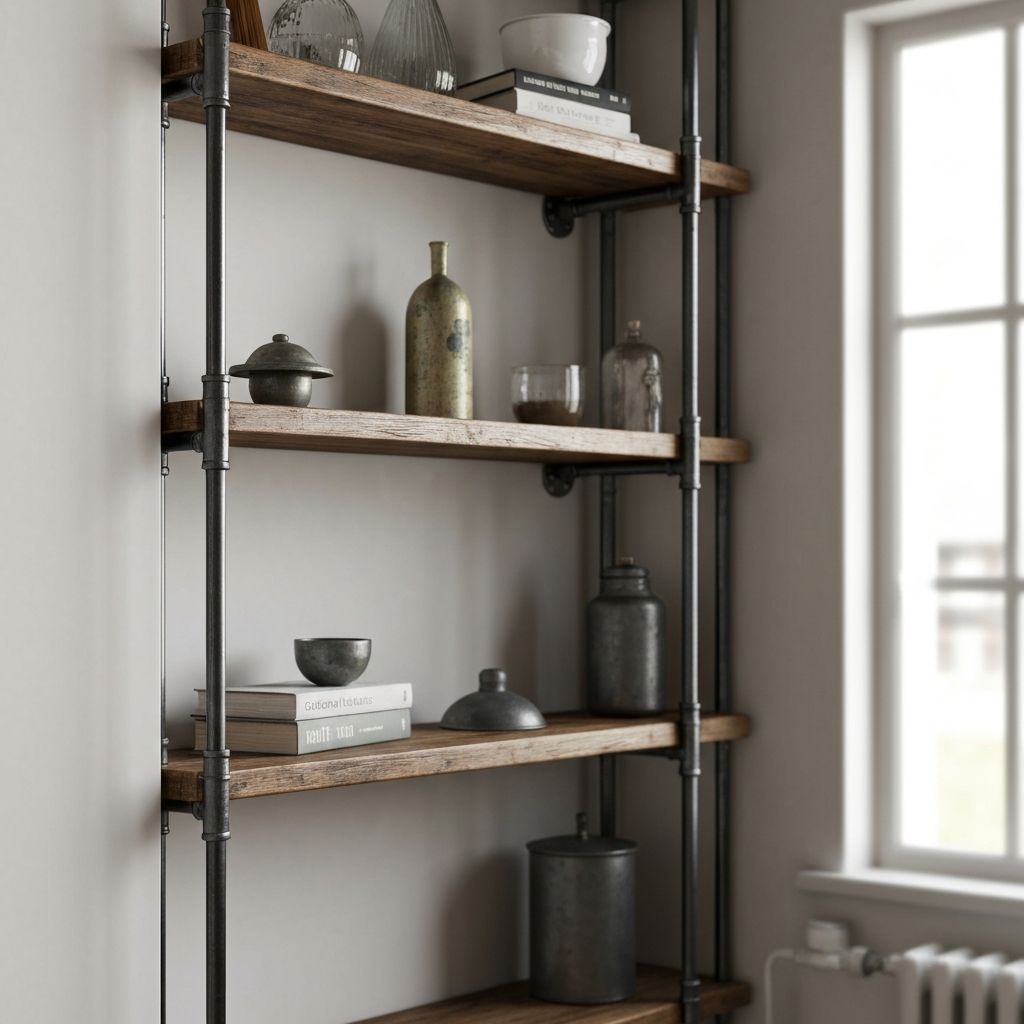 Industrial pipe shelving unit with rustic modern design